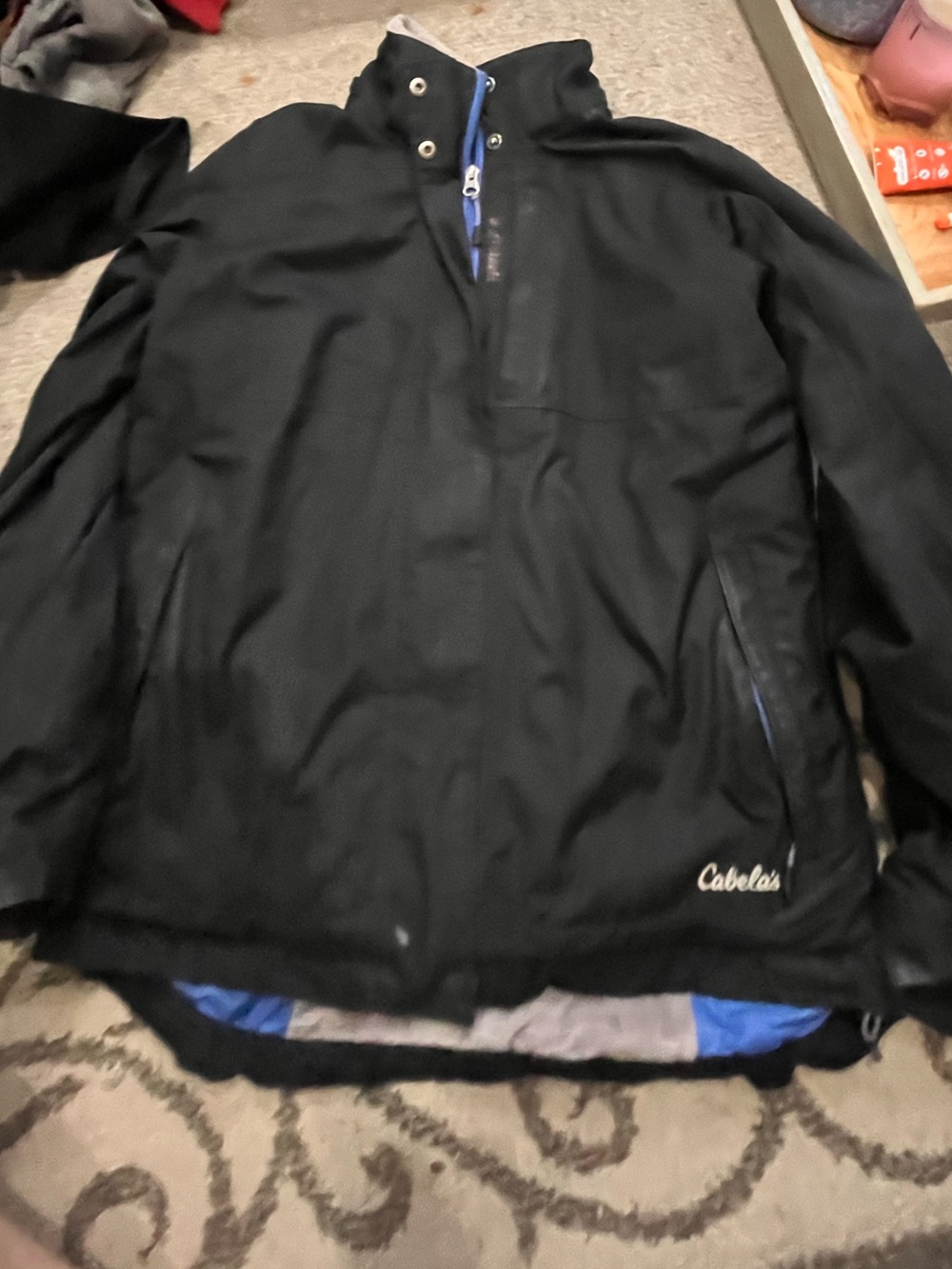Cabela's Black Jacket with Blue Trim